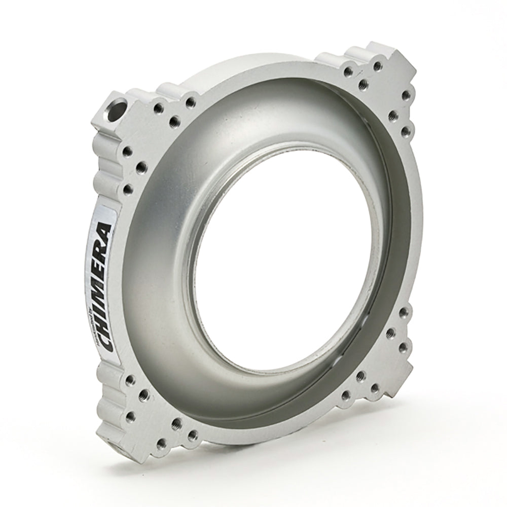 Aluminum Speed Ring for photography, designed for Strobes, featuring four pole blocks for Lightbanks.