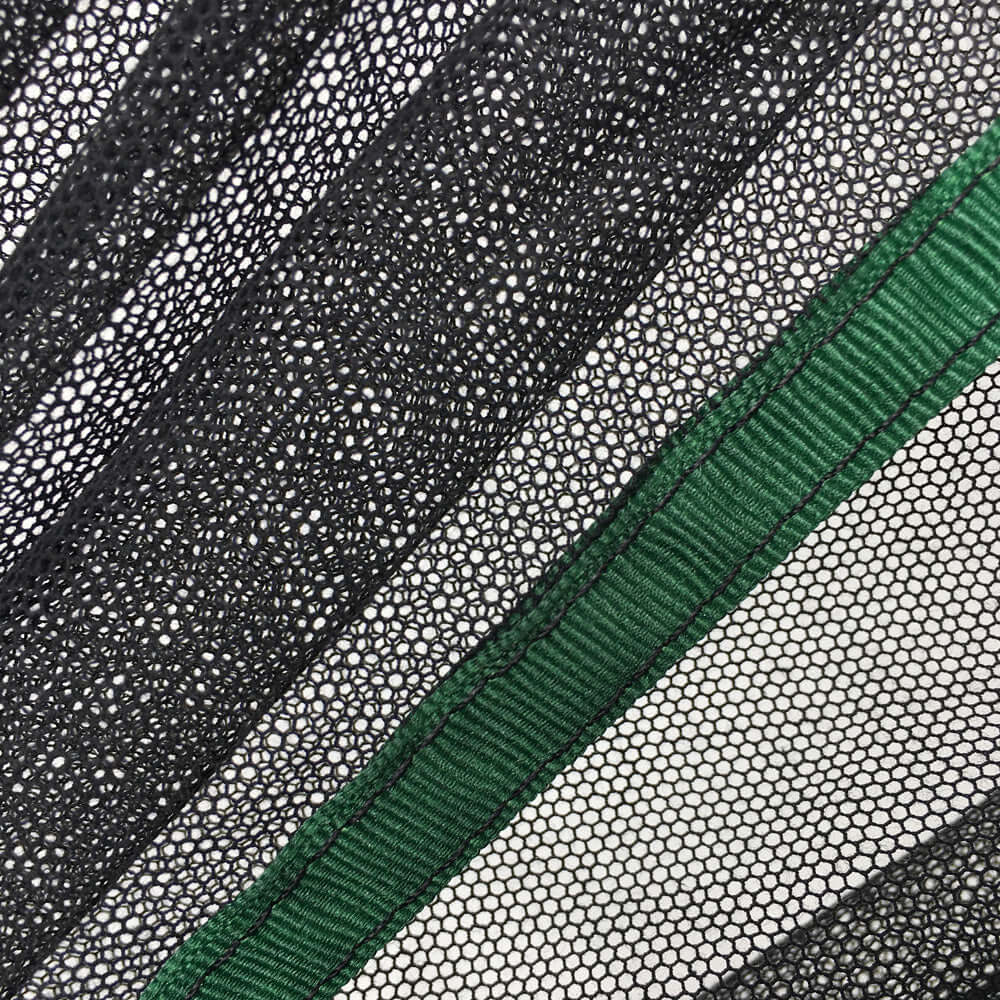 Close-up of black and green Single Bobbinette Scrim Panel Fabric ideal for photography and controlling light.
