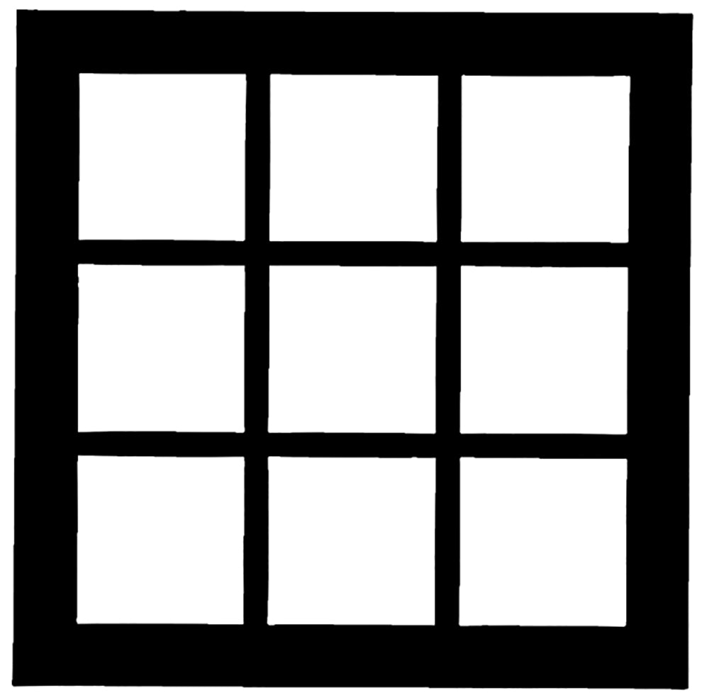 Illustration of a 16x16 inch French door window design with nine square panes, ideal for photography backgrounds.