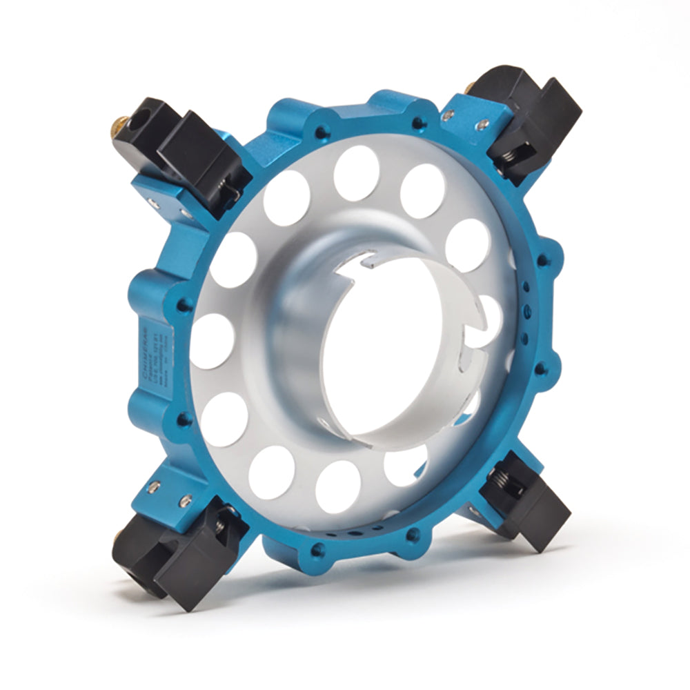 Chimera Quick Release Speed Ring for photography, featuring four pole blocks and a circular metal insert for lightbanks.