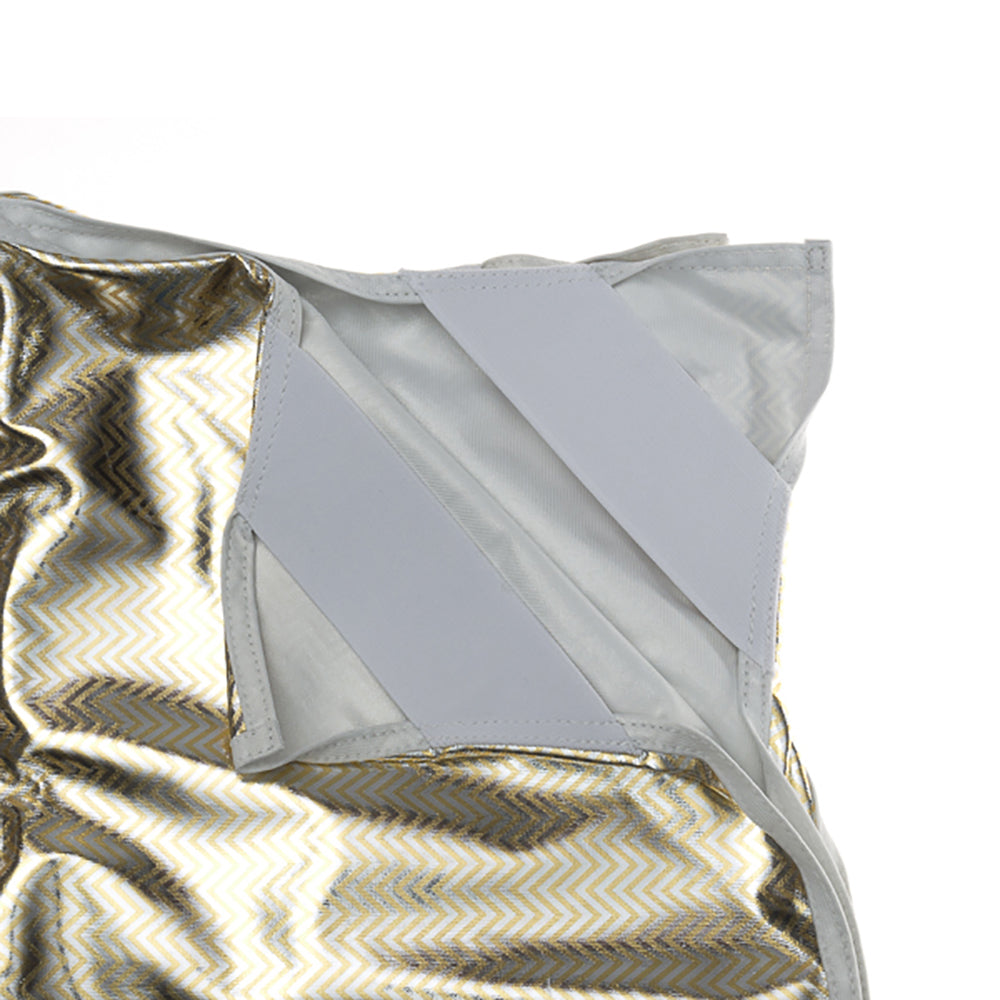 Close-up of Silver Gold Zebra panel fabric showcasing attachment details, ideal for photography and light control.