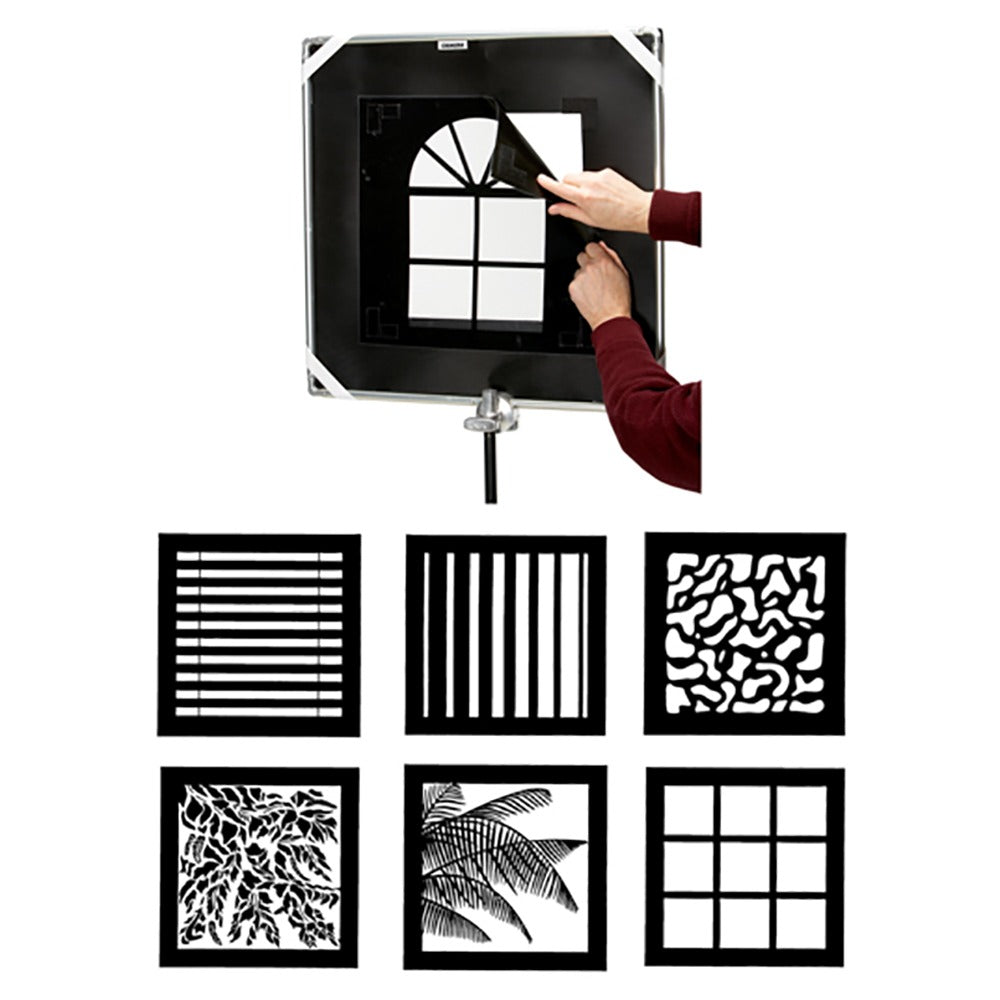 Window Kit for photography showing user applying window patterns and various styles for creative light effects.